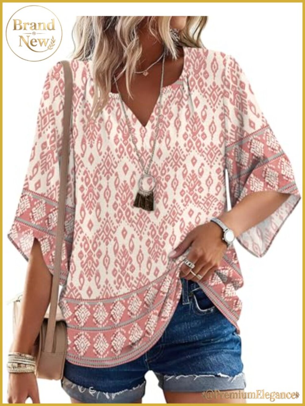 Women's Boho Paisley Tunic Top 3/4 Sleeve V-Neck Loose Fit Casual Blouse